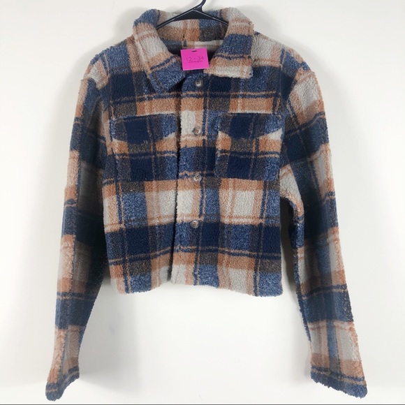 NWT Blue and Brown Plaid Button Up Sherpa Coat - Picture 3 of 5